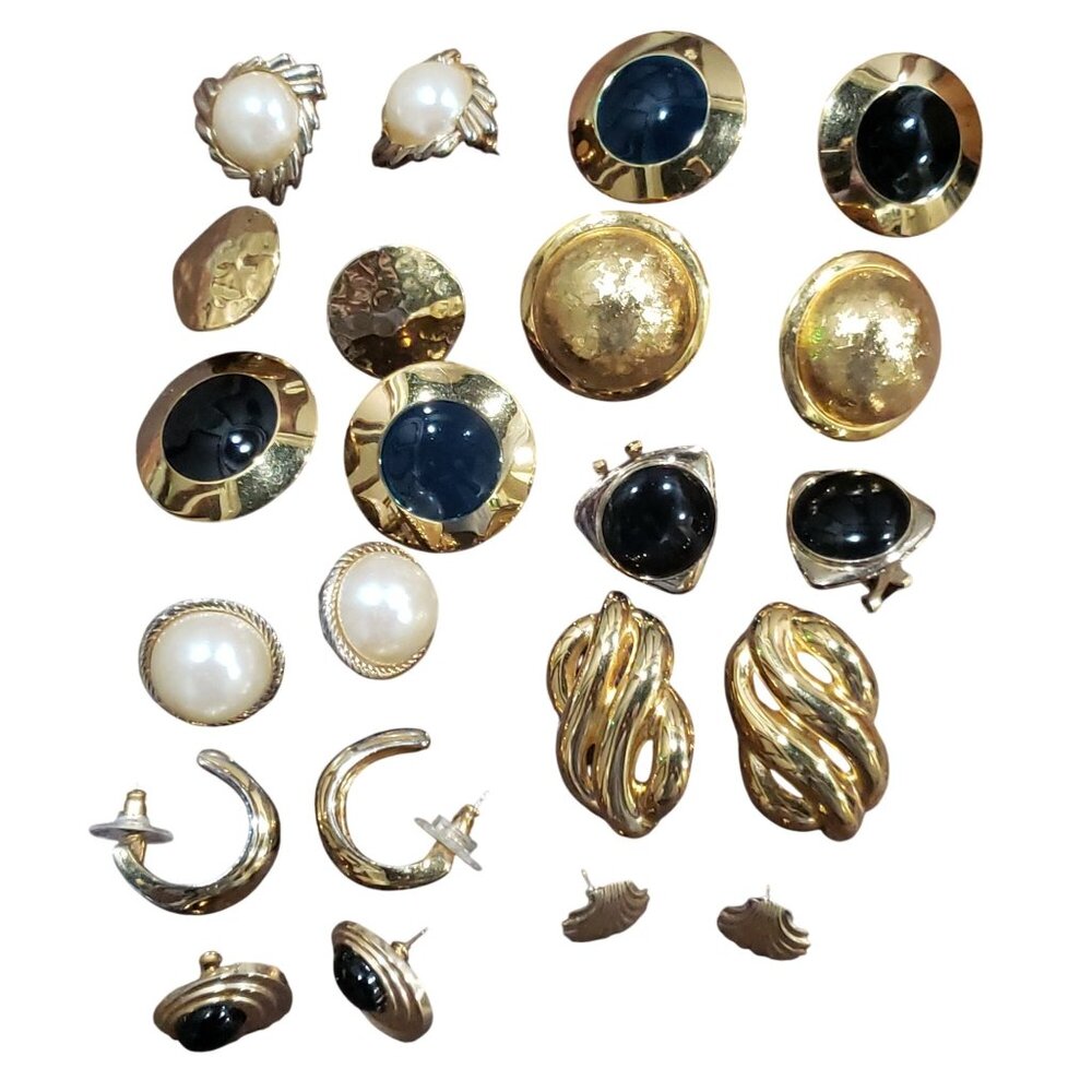 Vintage Gold Tone & Pearl Clip-On Earrings Lot Of 11 Pairs Assorted Styles